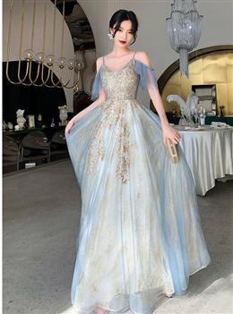 Picture of Pretty Light Blue V-neckline Long Lace Applique Formal Dresses, Blue Evening Gown